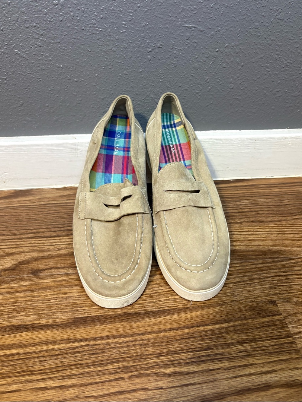 Cole Haan Nantucket 2.0 penny loafers in a beige suede color size 10 (SKU 290)
